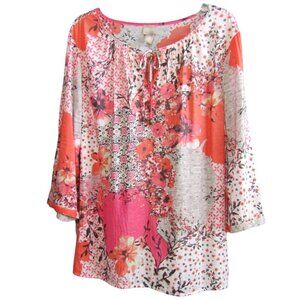 Chicos White Orange Pink Tie Front Tunic Top Women Size XL 3 Rayon Blend 3/4 Slv